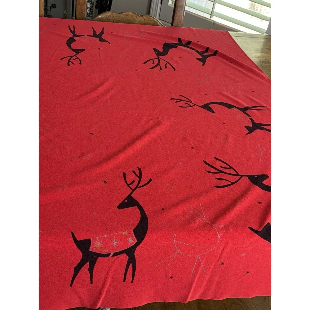 California Hand Prints 50/60s Red Christmas Tablecloth Atomic Reindeer 52x64 MCM